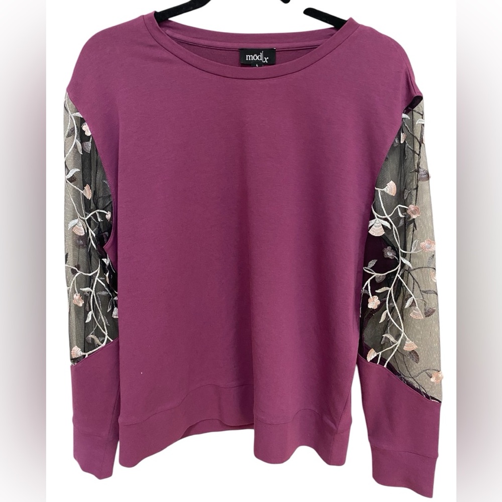 Mod X Top Shirt Mesh Sleeve Embroidery Solid Top Long Sleeve Women Size Large